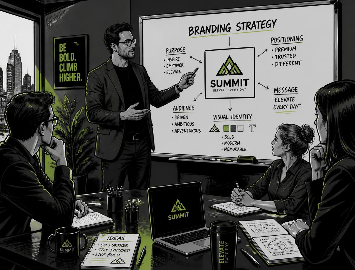 Branding strategist presenting on a whiteboard in a conference room